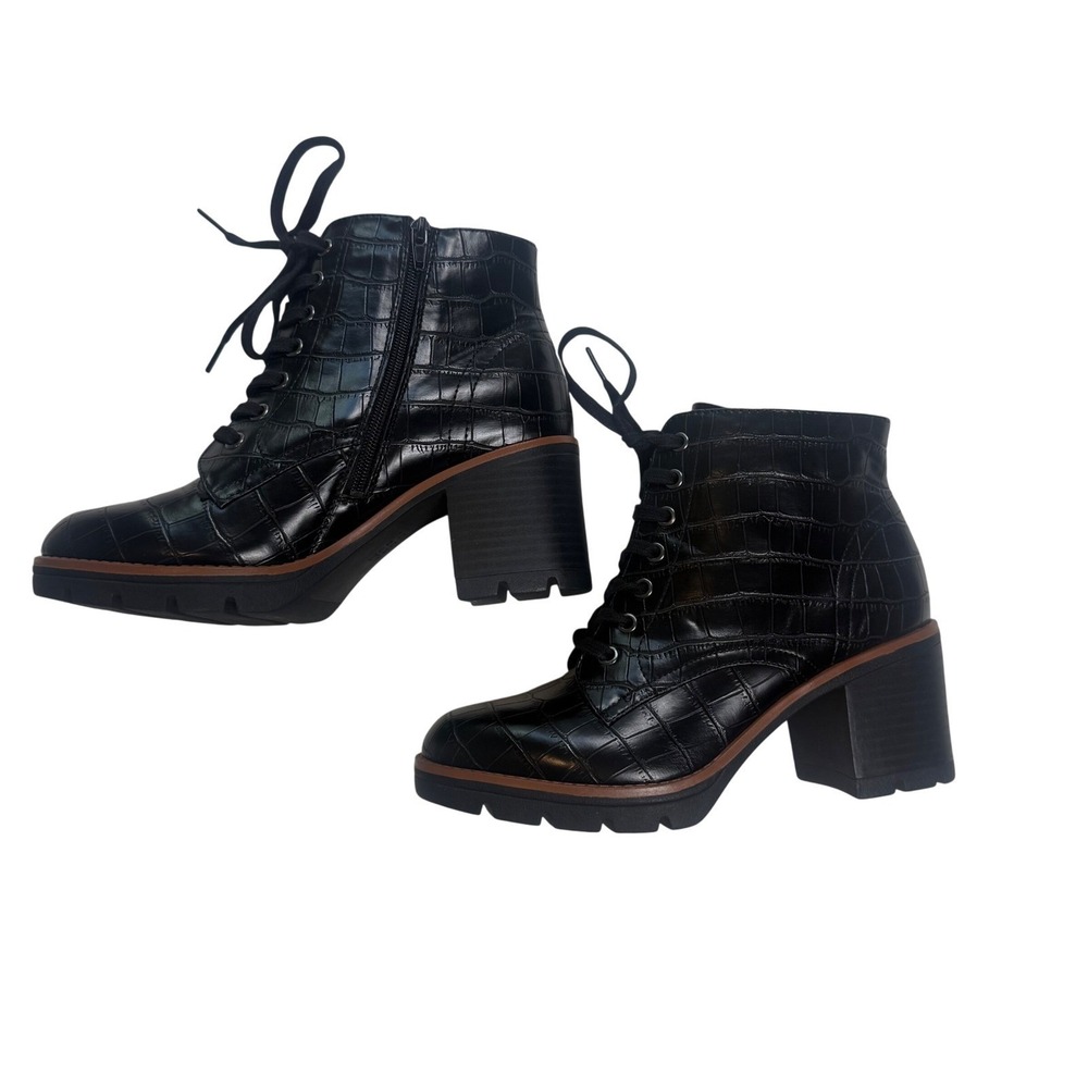 Naturalizer Madalynn Black Croc Embossed Lace UpSideZip Block Heel Ankle Boot 8W